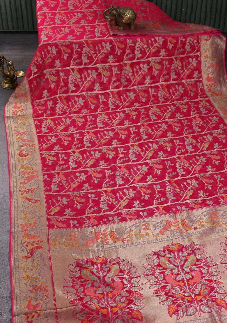 Art Chiffon Saree Pink With Allover Birds Weaves And Zari Woven Border With Traditional Woven Design For Women - Indya