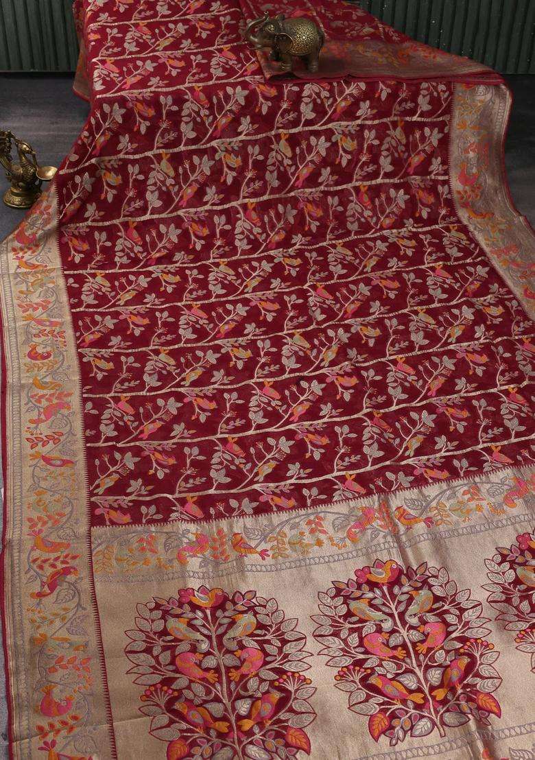 Art Chiffon Saree Deep Maroon With Allover Birds Weaves And Zari Woven Border With Traditional Woven Design For Women - Indya