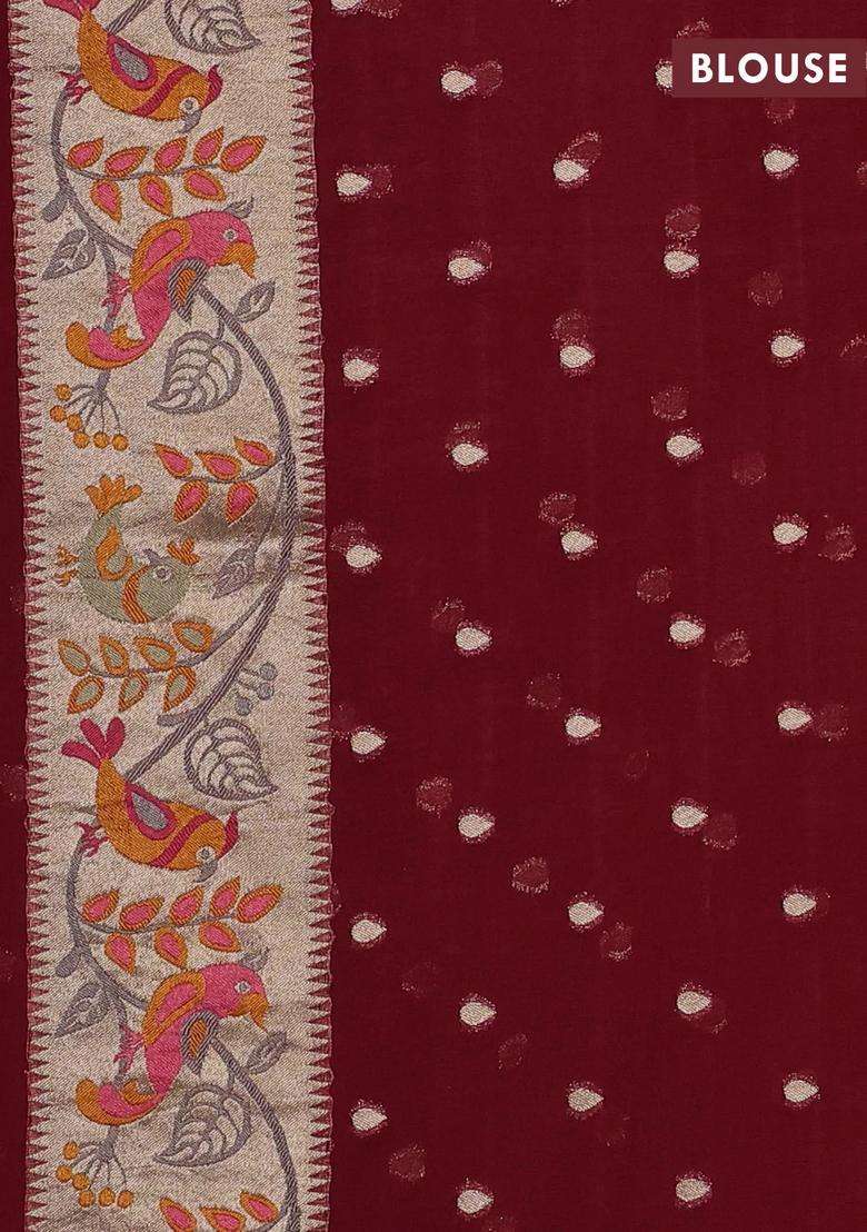 Art Chiffon Saree Deep Maroon With Allover Birds Weaves And Zari Woven Border With Traditional Woven Design For Women - Indya