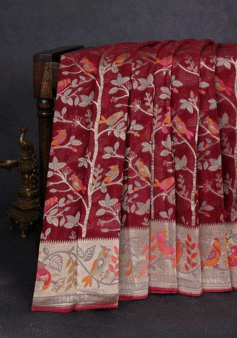 Art Chiffon Saree Deep Maroon With Allover Birds Weaves And Zari Woven Border With Traditional Woven Design For Women