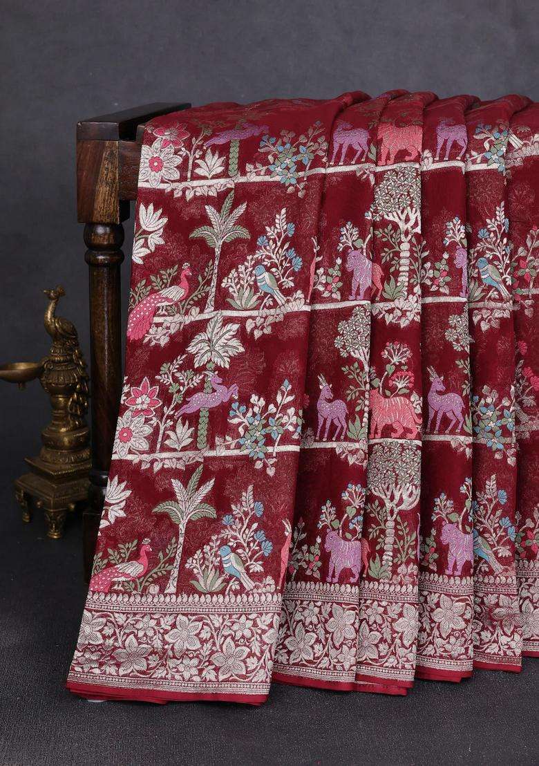 Art Chiffon Saree Deep Maroon With Allover Vanasingaram Weaves And Zari Woven Border With Traditional Woven Design For Women - Indya