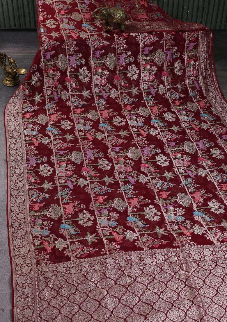 Art Chiffon Saree Deep Maroon With Allover Vanasingaram Weaves And Zari Woven Border With Traditional Woven Design For Women - Indya