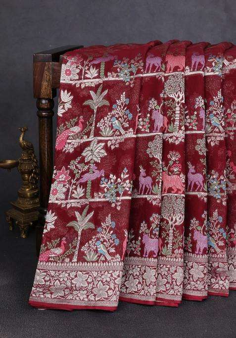 Art Chiffon Saree Deep Maroon With Allover Vanasingaram Weaves And Zari Woven Border With Traditional Woven Design For Women