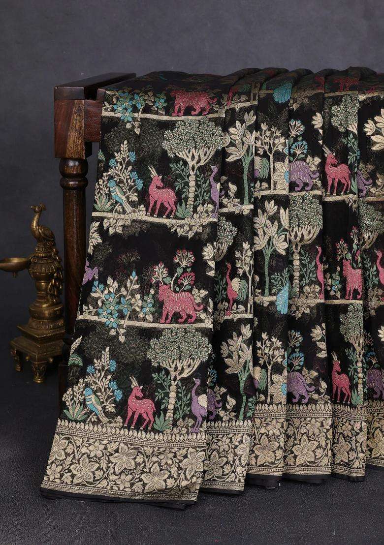 Art Chiffon Saree Black With Allover Vanasingaram Weaves And Zari Woven Border With Traditional Woven Design For Women - Indya