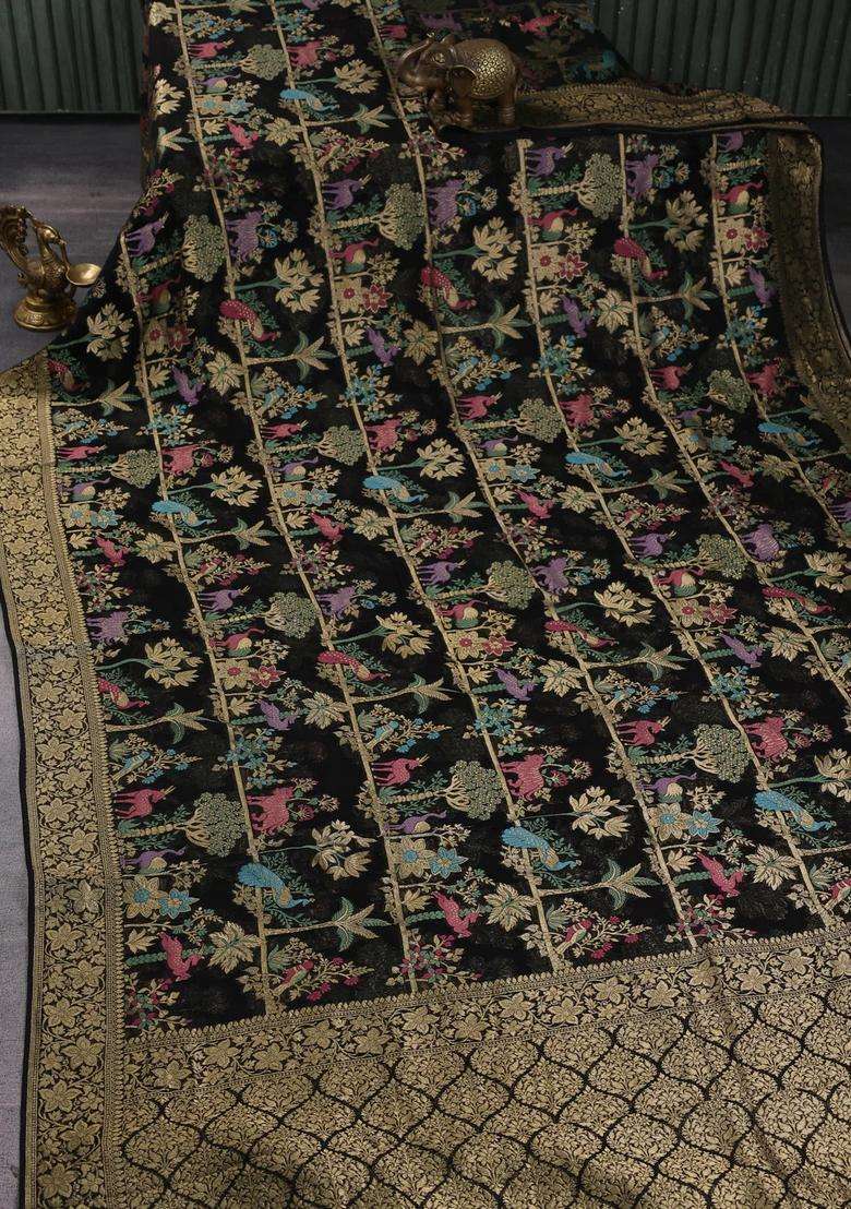 Art Chiffon Saree Black With Allover Vanasingaram Weaves And Zari Woven Border With Traditional Woven Design For Women - Indya