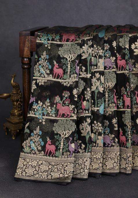Art Chiffon Saree Black With Allover Vanasingaram Weaves And Zari Woven Border With Traditional Woven Design For Women