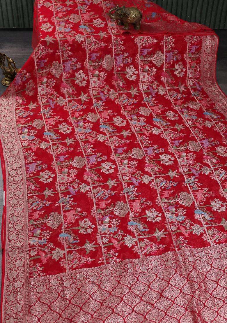 Art Chiffon Saree Red With Allover Vanasingaram Weaves And Zari Woven Border With Traditional Woven Design For Women - Indya