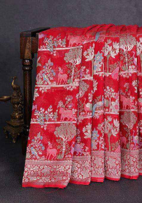 Art Chiffon Saree Red With Allover Vanasingaram Weaves And Zari Woven Border With Traditional Woven Design For Women