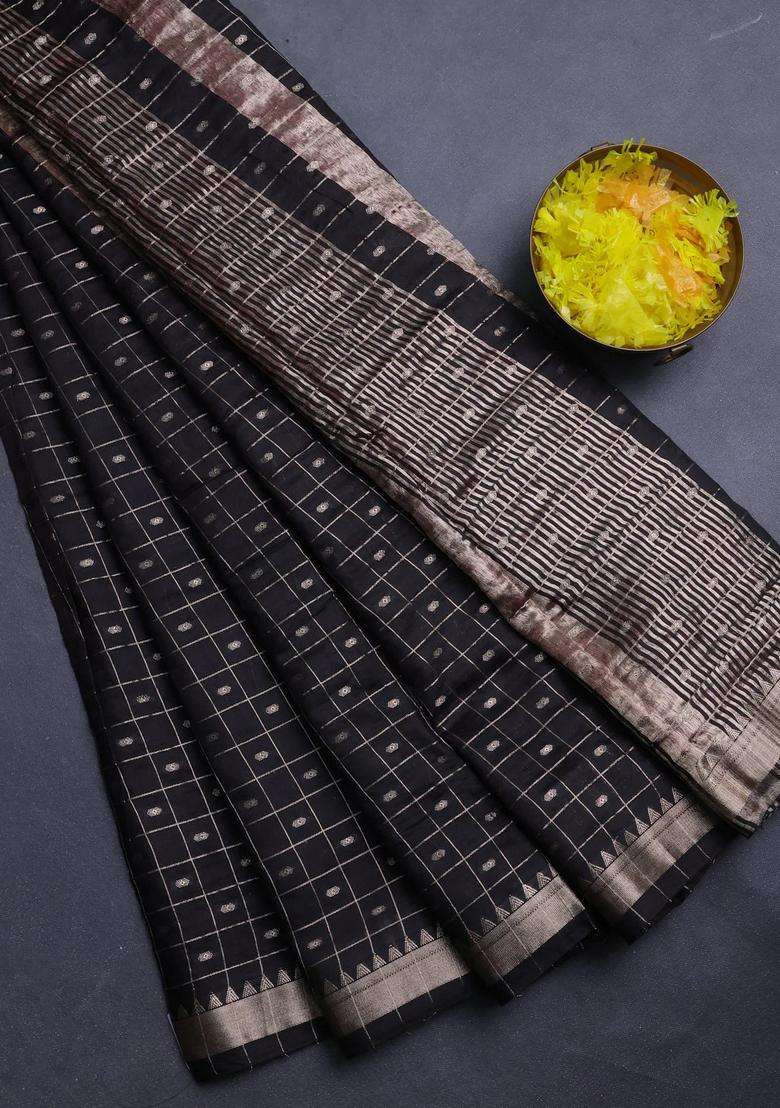 Semi Chanderi Silk Cotton Saree Black And Deep Maroon With Allover Zari Checks Buttas And Zari Woven Border With Buttas And Brocade Design For Women - Indya