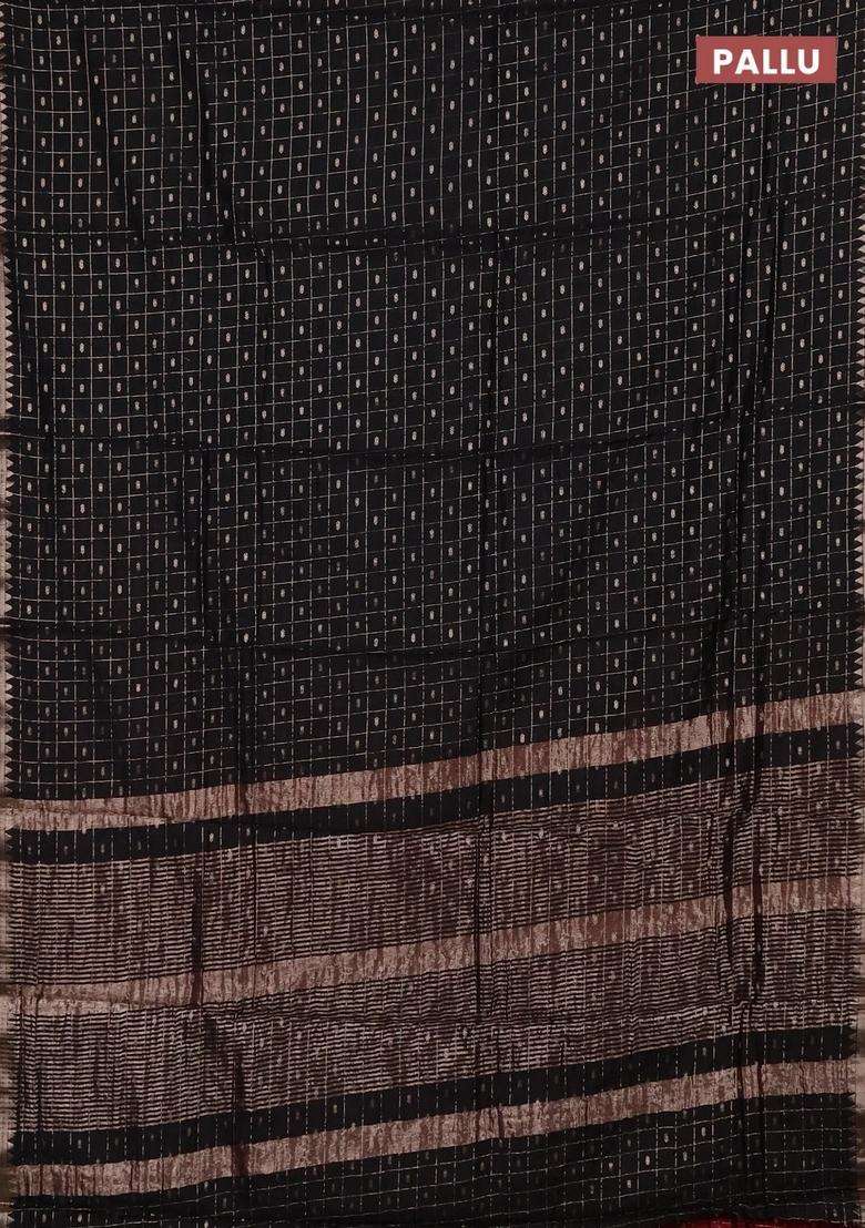 Semi Chanderi Silk Cotton Saree Black And Deep Maroon With Allover Zari Checks Buttas And Zari Woven Border With Buttas And Brocade Design For Women - Indya