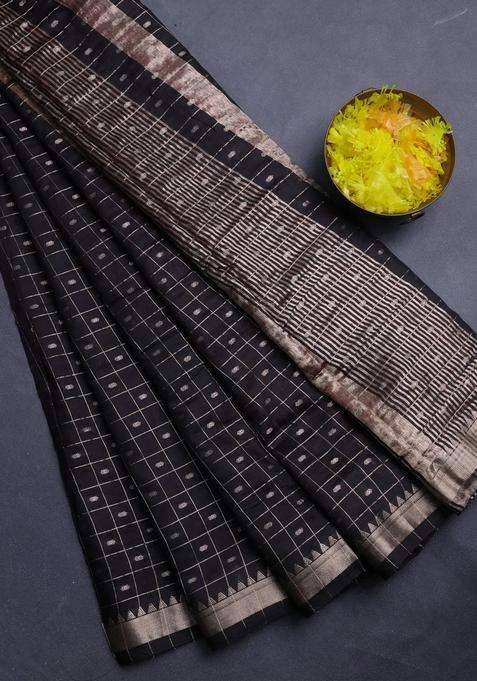 Semi Chanderi Silk Cotton Saree Black And Deep Maroon With Allover Zari Checks Buttas And Zari Woven Border With Buttas And Brocade Design For Women