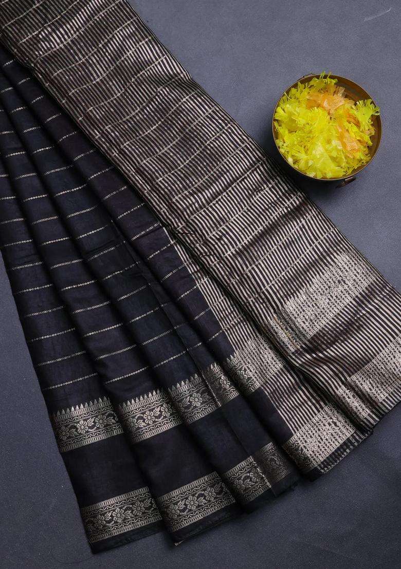 Semi Chanderi Silk Cotton Saree Black And Maroon With Allover Zari Weaves And Rettapet Zari Woven Border With Traditional Woven Design For Women - Indya