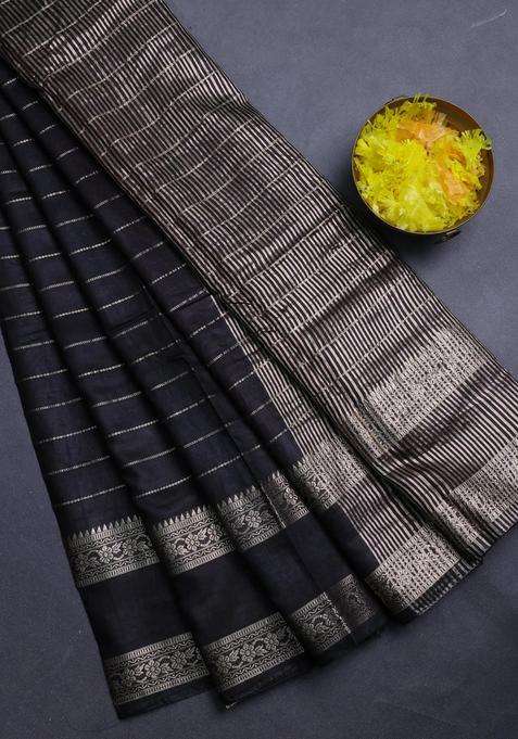 Semi Chanderi Silk Cotton Saree Black And Maroon With Allover Zari Weaves And Rettapet Zari Woven Border With Traditional Woven Design For Women
