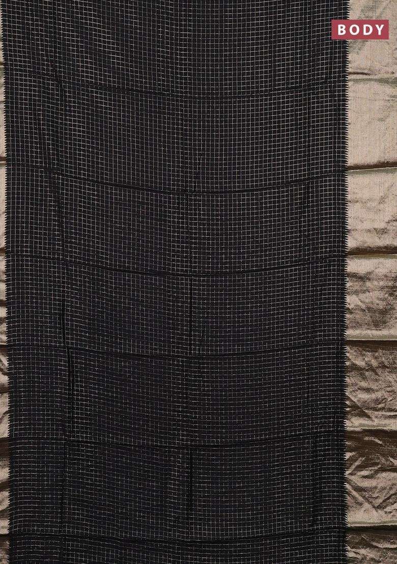 Semi Chanderi Silk Cotton Saree Black And Maroon With Allover Zari Checked Pattern And Long Zari Woven Border With Checks And Stripes Design For Women - Indya