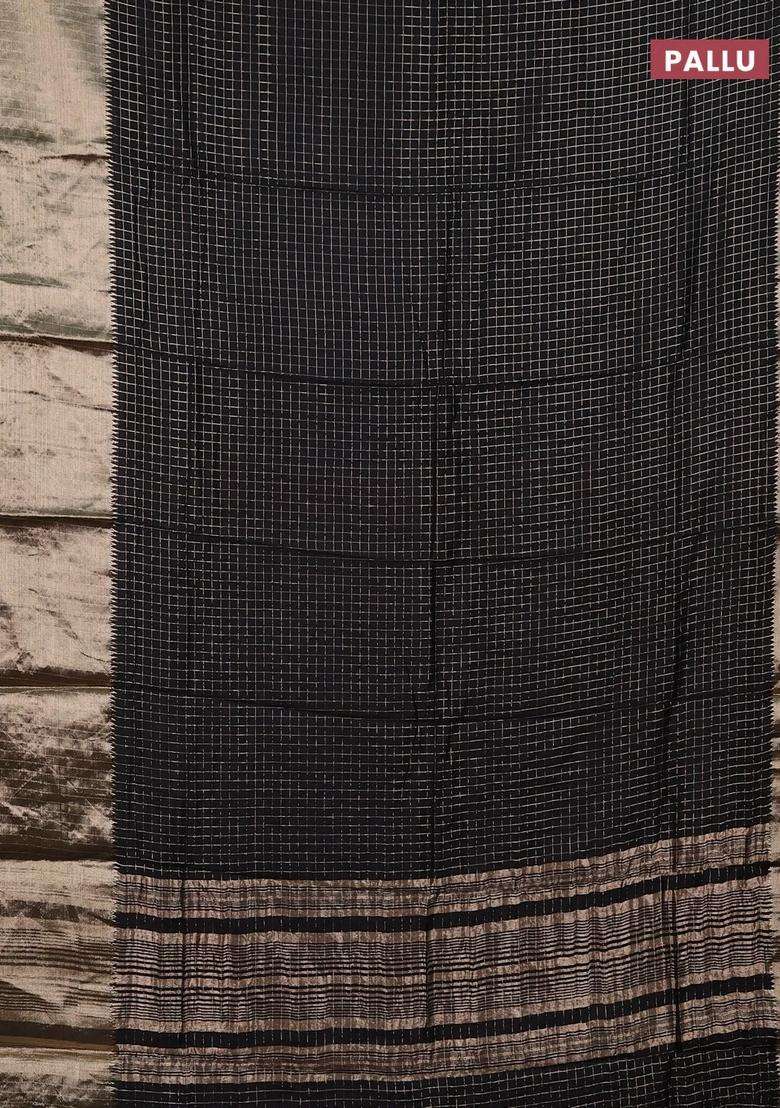Semi Chanderi Silk Cotton Saree Black And Maroon With Allover Zari Checked Pattern And Long Zari Woven Border With Checks And Stripes Design For Women - Indya
