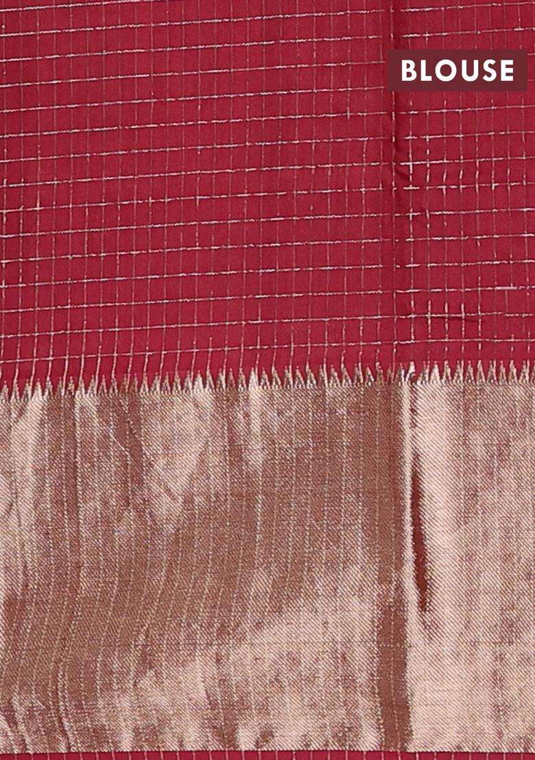 Semi Chanderi Silk Cotton Saree Black And Maroon With Allover Zari Checked Pattern And Long Zari Woven Border With Checks And Stripes Design For Women - Indya