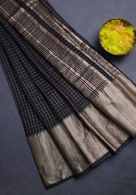 Semi Chanderi Silk Cotton Saree Black And Maroon With Allover Zari Checked Pattern And Long Zari Woven Border With Checks And Stripes Design For Women