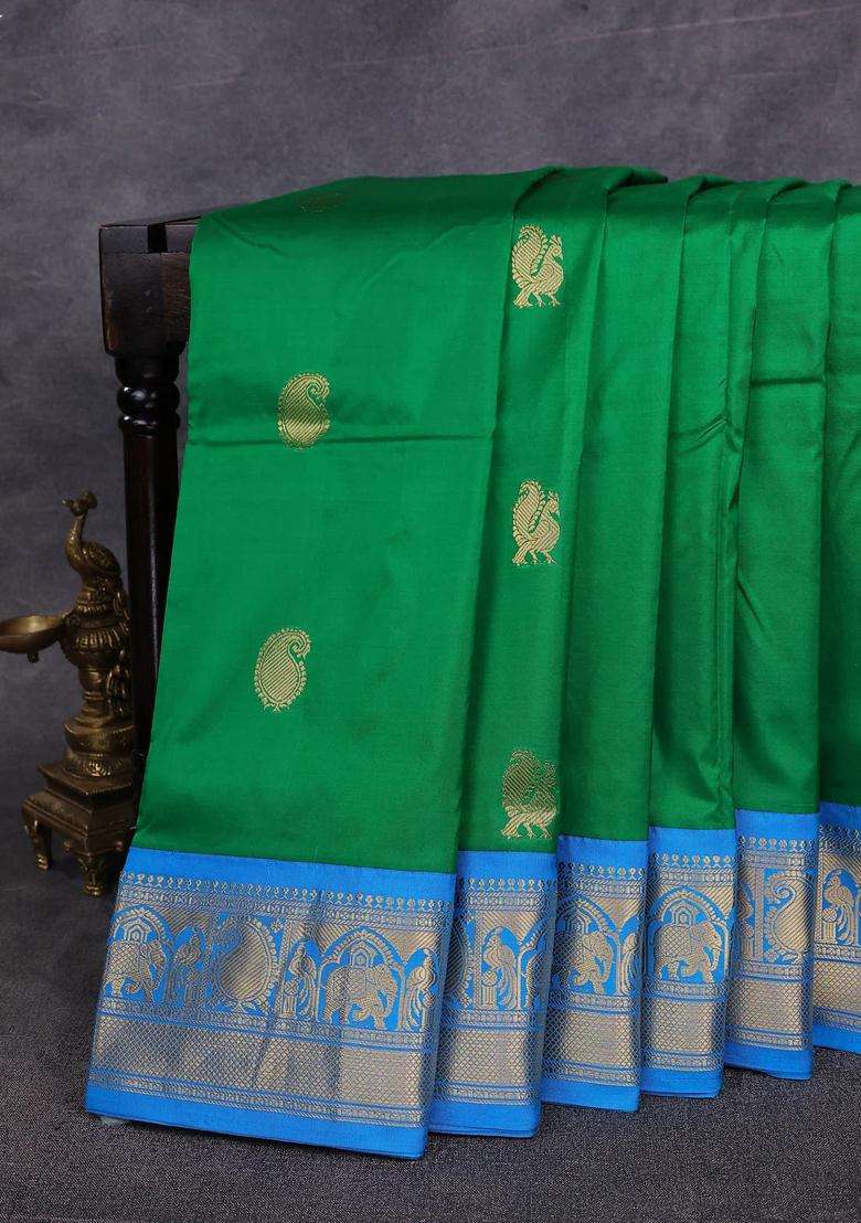 10 Yards Pure Kanchipuram Silk Saree Green And Cs Blue With Annam Paisley Zari Woven Buttas And Rich Zari With Buttas And Brocade Design For Women - Indya