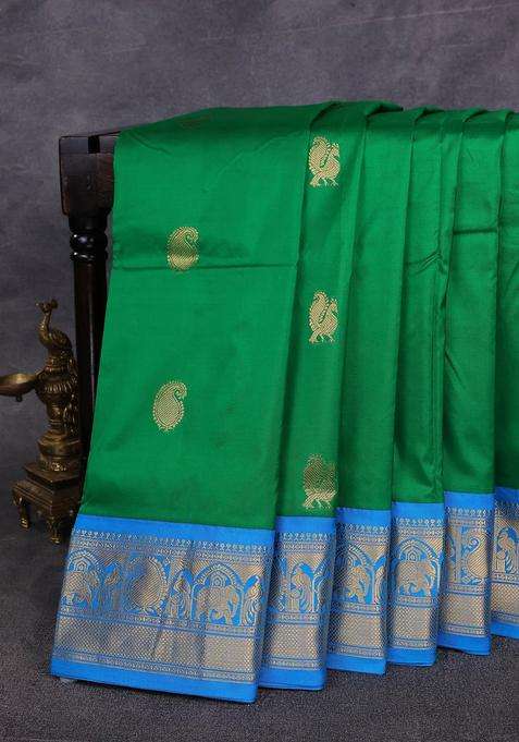 10 Yards Pure Kanchipuram Silk Saree Green And Cs Blue With Annam Paisley Zari Woven Buttas And Rich Zari With Buttas And Brocade Design For Women