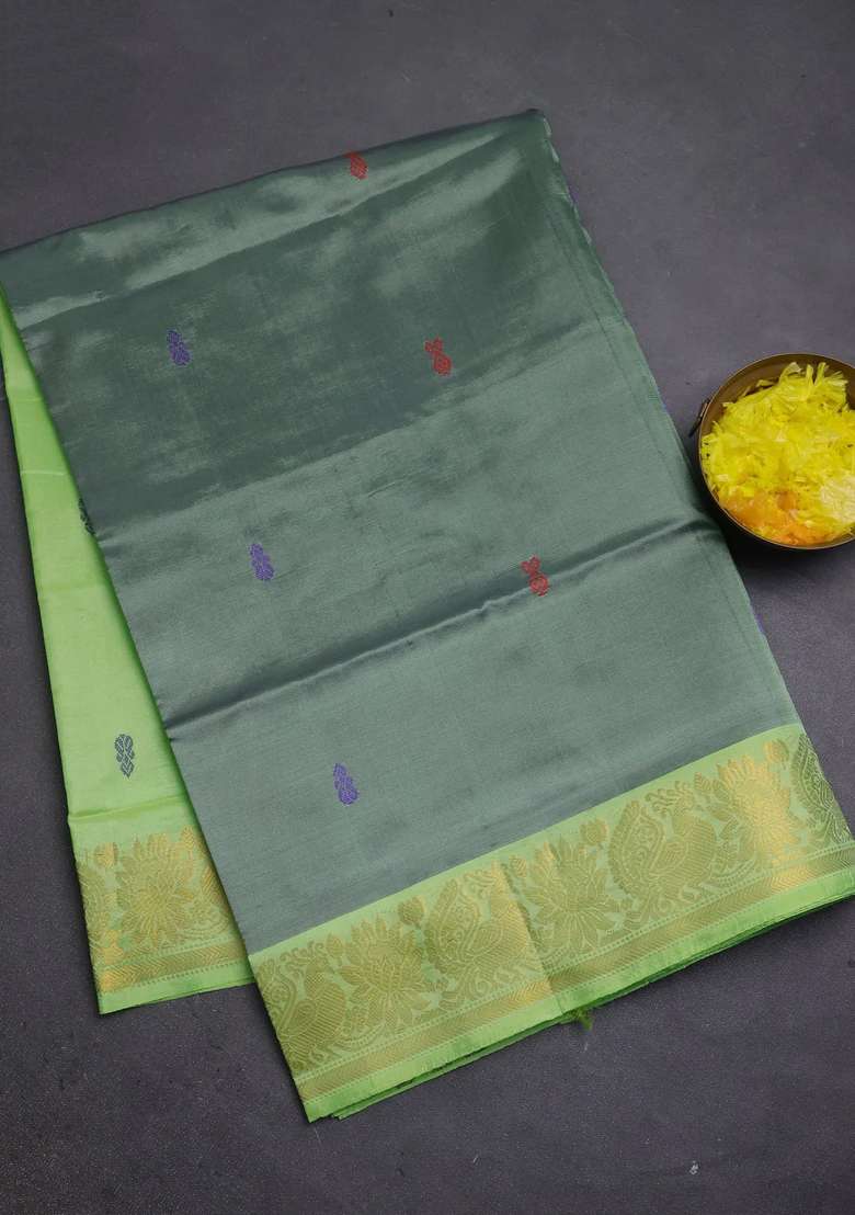 Banana Pith Art Silk Saree Grey And Fluorescent Green With Thread Woven Buttas And Zari Woven Border With Buttas And Brocade Design For Women - Indya