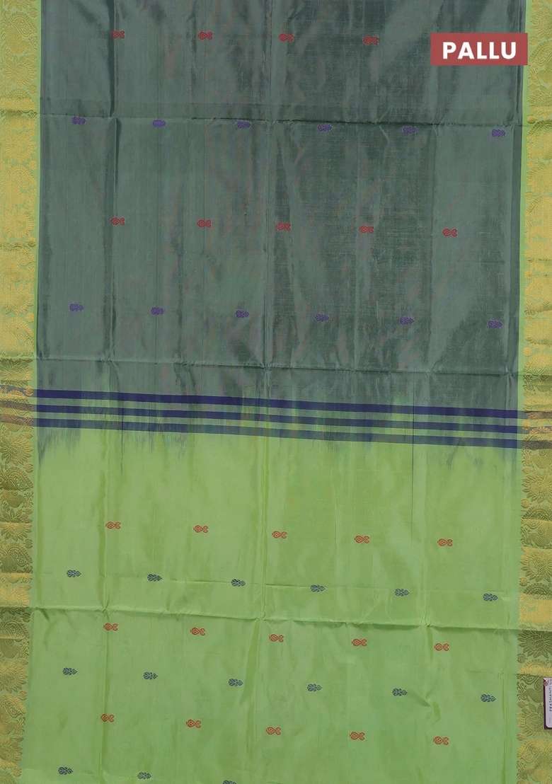 Banana Pith Art Silk Saree Grey And Fluorescent Green With Thread Woven Buttas And Zari Woven Border With Buttas And Brocade Design For Women - Indya