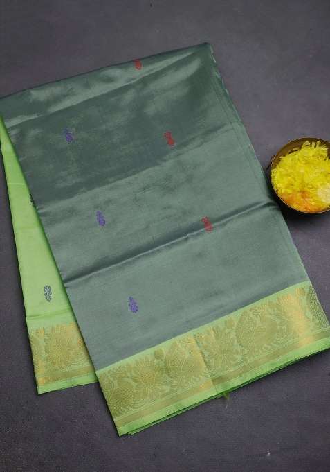 Banana Pith Art Silk Saree Grey And Fluorescent Green With Thread Woven Buttas And Zari Woven Border With Buttas And Brocade Design For Women