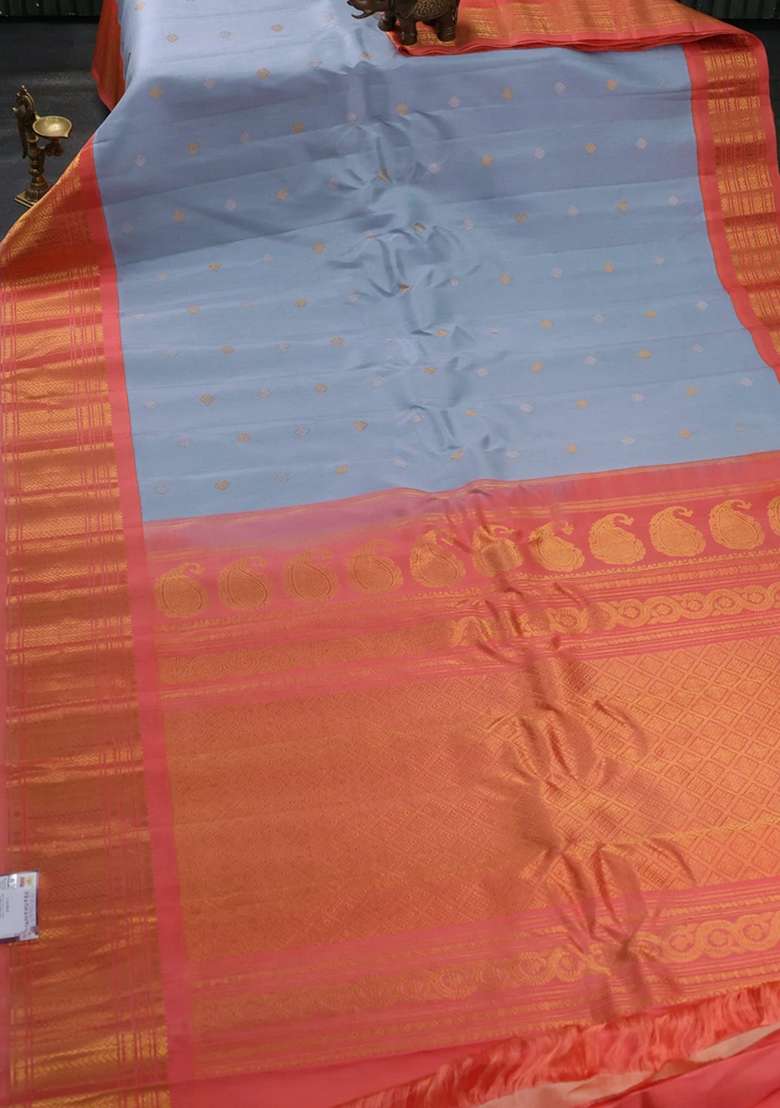 Pure Gadwal Silk Saree Bluish Grey And Peach Orange With Allover Silver Zari Woven Buttas And Zari With Korvai And Temple Border Design For Women - Indya