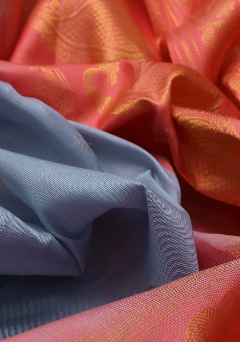 Pure Gadwal Silk Saree Bluish Grey And Peach Orange With Allover Silver Zari Woven Buttas And Zari With Korvai And Temple Border Design For Women - Indya