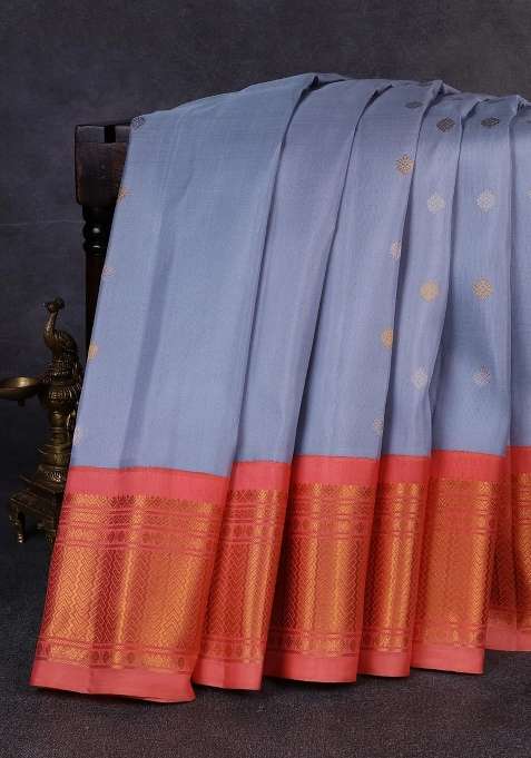 Pure Gadwal Silk Saree Bluish Grey And Peach Orange With Allover Silver Zari Woven Buttas And Zari With Korvai And Temple Border Design For Women