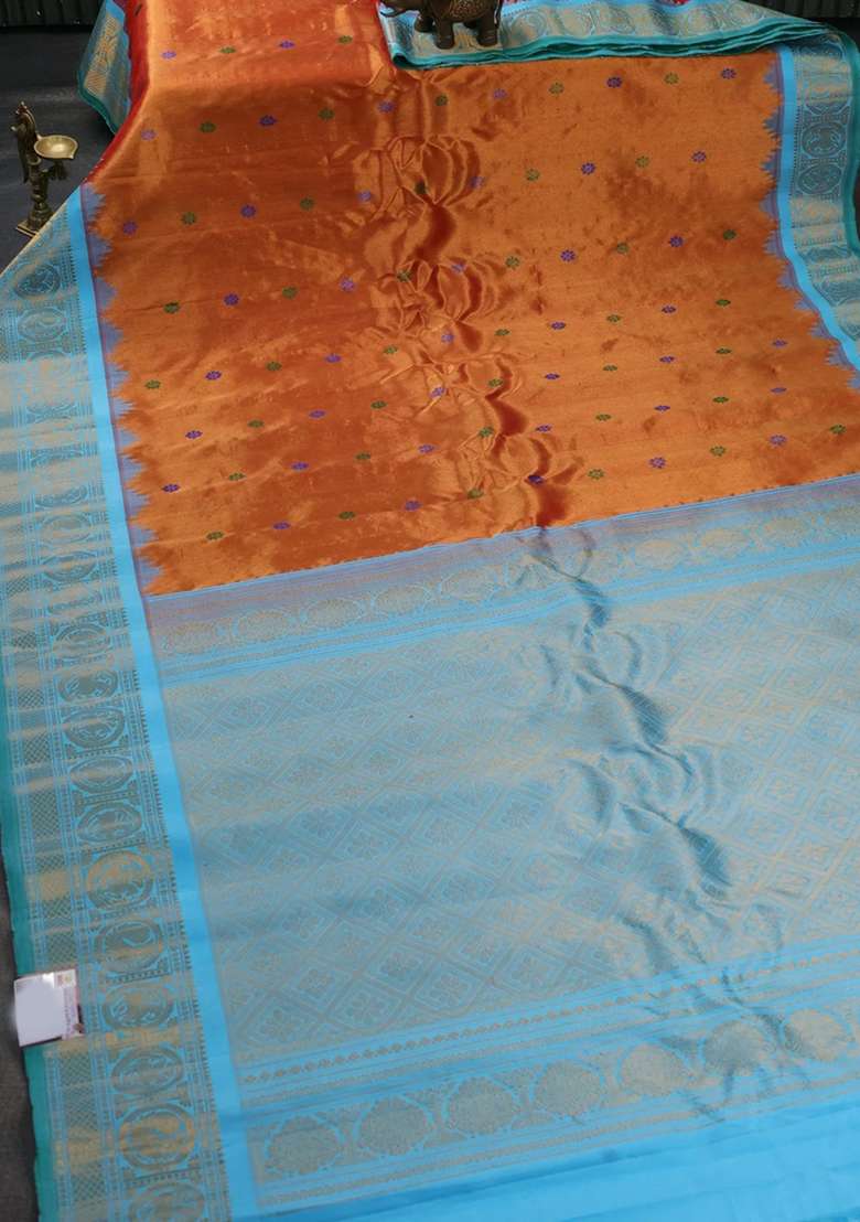 Pure Gadwal Tissue Silk Saree Rust Shade And Teal Blue With Allover Thread Woven Buttas And Temple With Korvai And Temple Border Design For Women - Indya