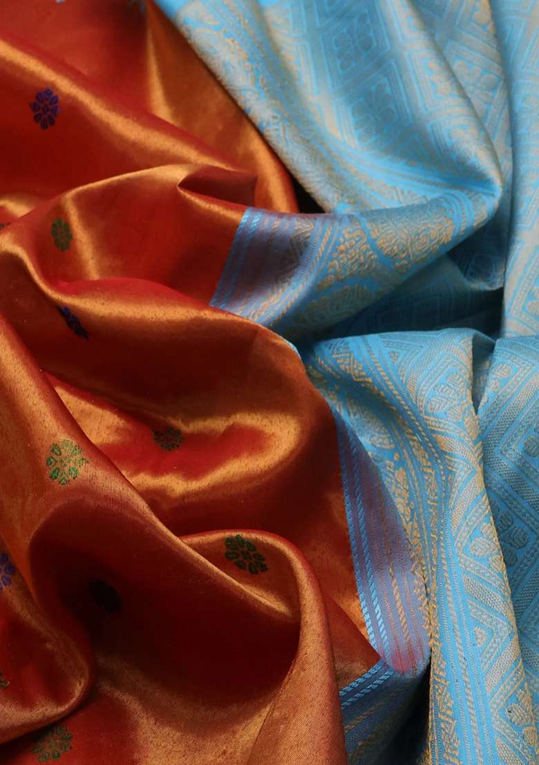 Pure Gadwal Tissue Silk Saree Rust Shade And Teal Blue With Allover Thread Woven Buttas And Temple With Korvai And Temple Border Design For Women - Indya
