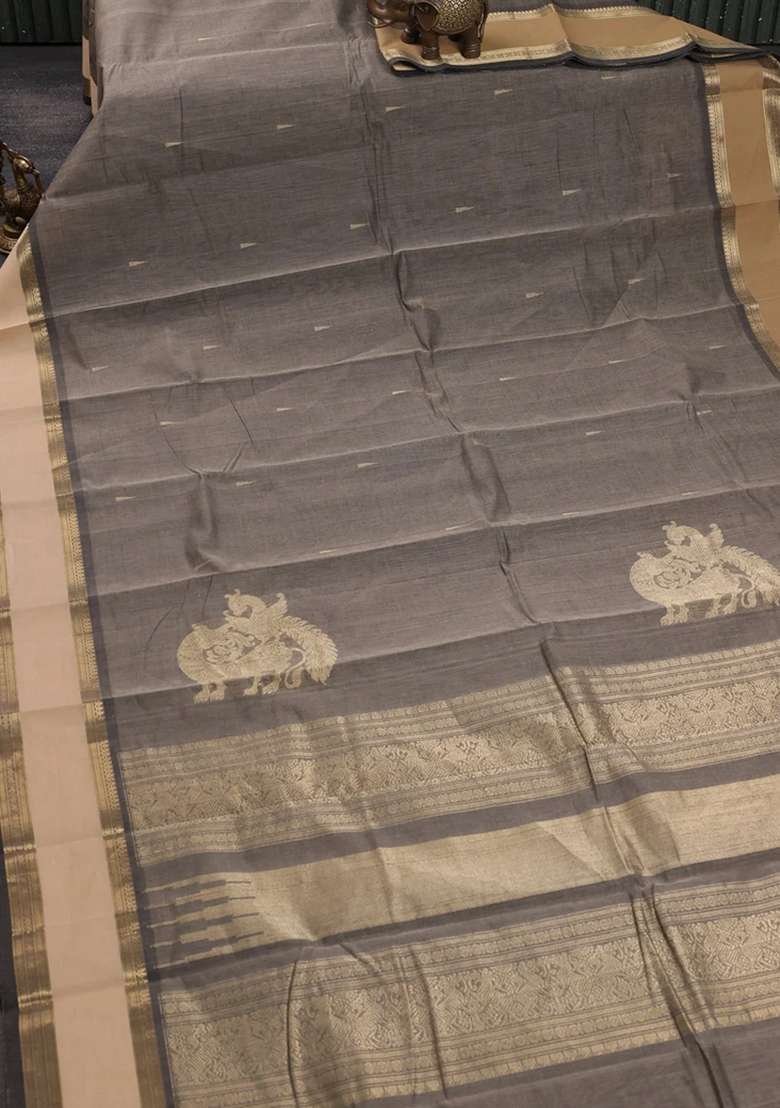 Kanchi Cotton Saree Grey And Sandal With Zari Woven Buttas And Rettapet Zari Woven Border With Buttas And Brocade Design For Women - Indya