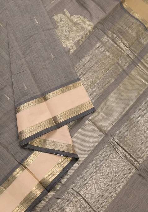 Kanchi Cotton Saree Grey And Sandal With Zari Woven Buttas And Rettapet Zari Woven Border With Buttas And Brocade Design For Women
