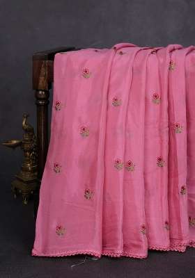 Chiffon Saree Pink Shade With Allover Floral Embroidery Buttas And Lace Work Border With Embroidered Design For Women
