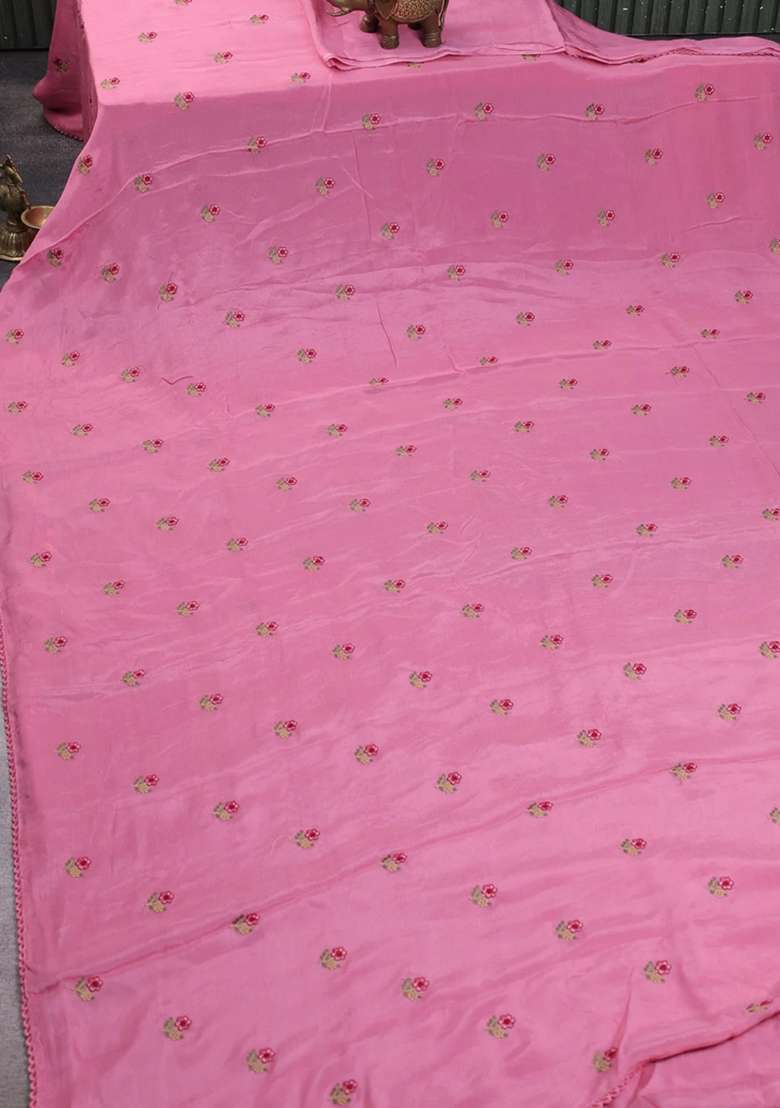 Chiffon Saree Pink Shade With Allover Floral Embroidery Buttas And Lace Work Border With Embroidered Design For Women - Indya