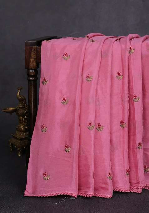 Chiffon Saree Pink Shade With Allover Floral Embroidery Buttas And Lace Work Border With Embroidered Design For Women