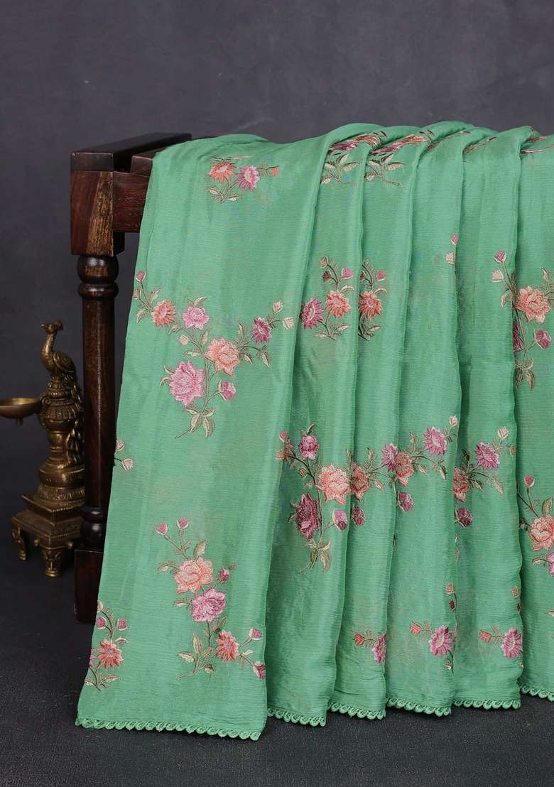 Chiffon Saree Green Shade With Allover Floral Embroidery Work And Zari Woven Border With Embroidered Design For Women - Indya