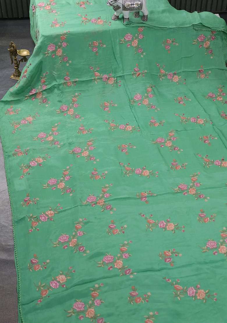 Chiffon Saree Green Shade With Allover Floral Embroidery Work And Zari Woven Border With Embroidered Design For Women - Indya