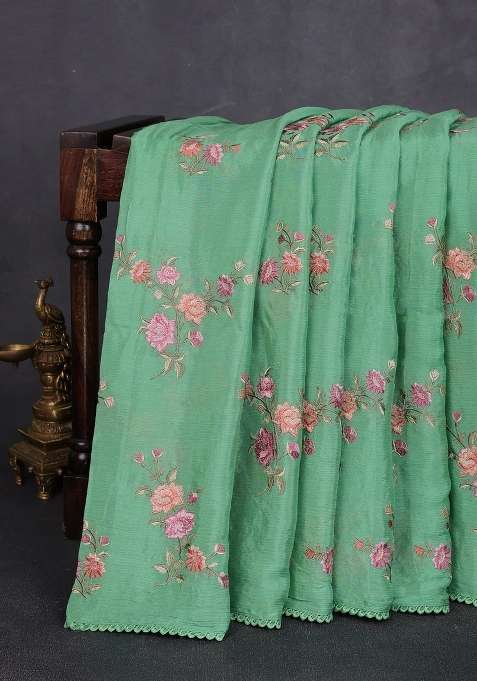 Chiffon Saree Green Shade With Allover Floral Embroidery Work And Zari Woven Border With Embroidered Design For Women