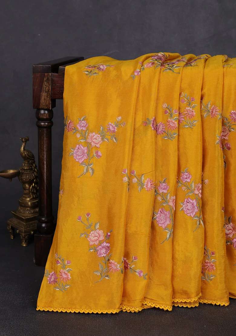 Chiffon Saree Mustard Yellow With Allover Floral Embroidery Work And Zari Woven Border With Embroidered Design For Women - Indya