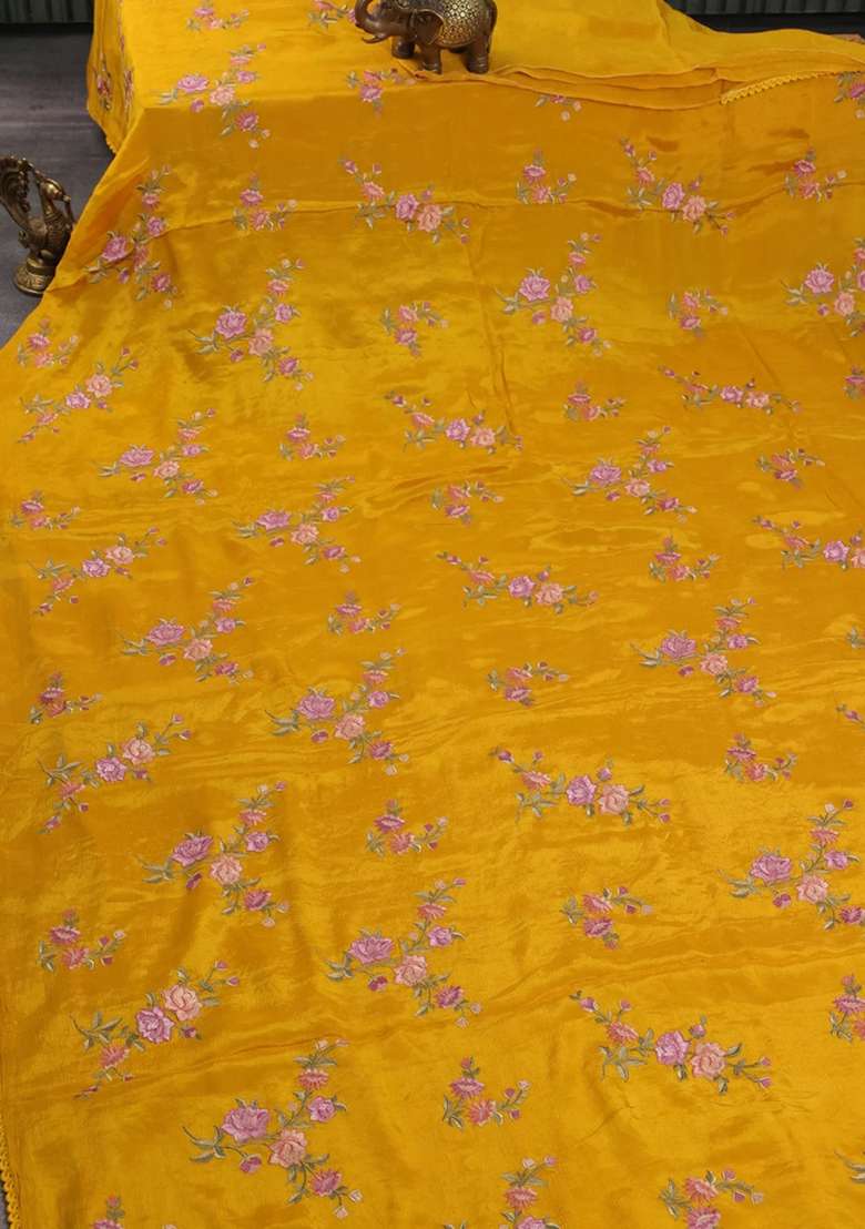 Chiffon Saree Mustard Yellow With Allover Floral Embroidery Work And Zari Woven Border With Embroidered Design For Women - Indya