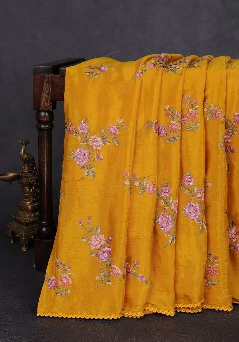 Chiffon Saree Mustard Yellow With Allover Floral Embroidery Work And Zari Woven Border With Embroidered Design For Women
