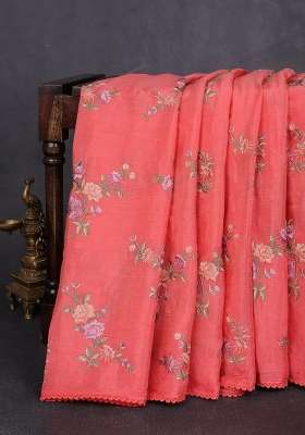 Chiffon Saree Peach Orange With Allover Floral Embroidery Work And Zari Woven Border With Embroidered Design For Women