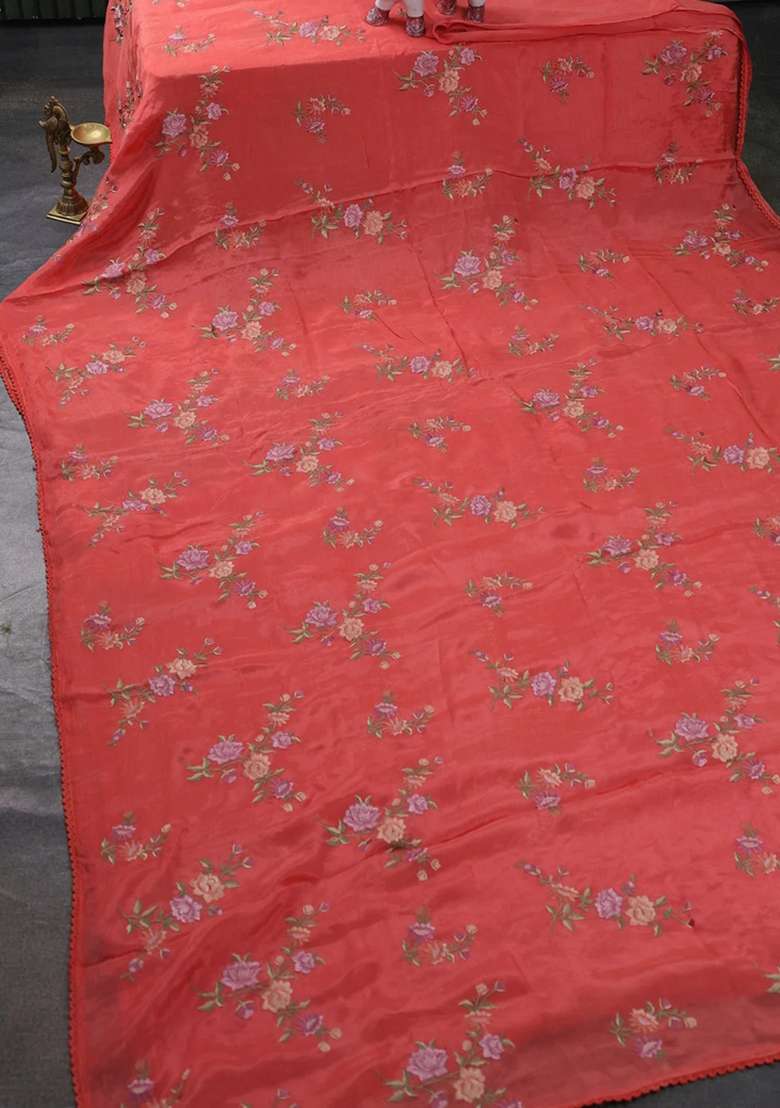 Chiffon Saree Peach Orange With Allover Floral Embroidery Work And Zari Woven Border With Embroidered Design For Women - Indya