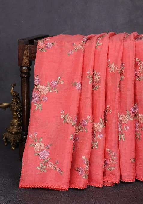 Chiffon Saree Peach Orange With Allover Floral Embroidery Work And Zari Woven Border With Embroidered Design For Women