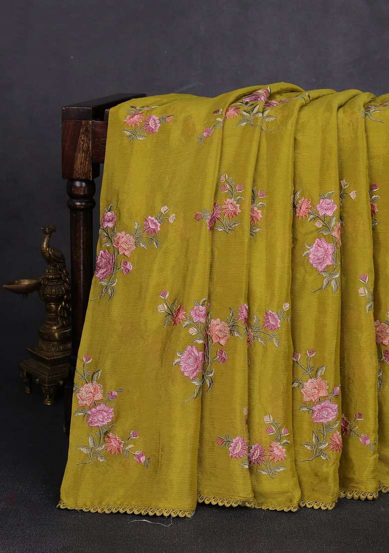 Chiffon Saree Lime Green With Allover Floral Embroidery Work And Zari Woven Border With Embroidered Design For Women - Indya
