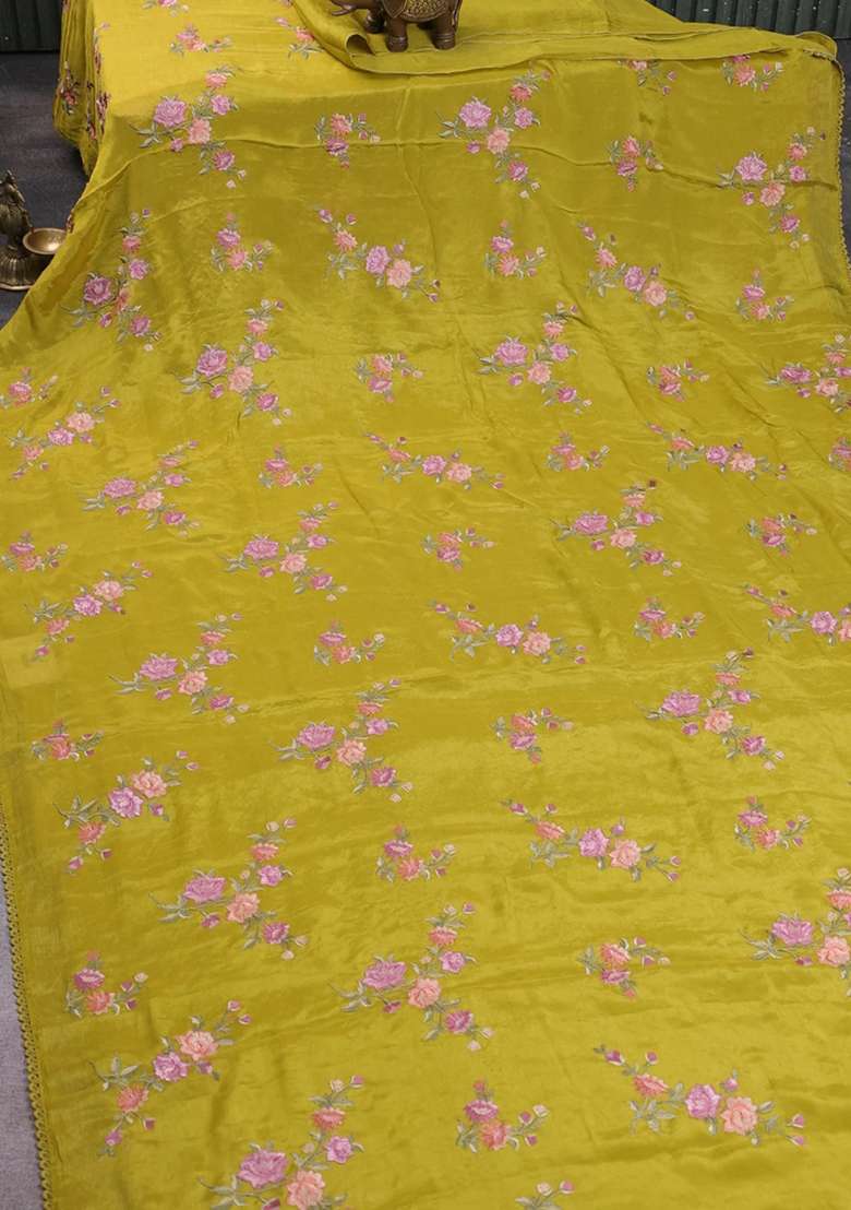 Chiffon Saree Lime Green With Allover Floral Embroidery Work And Zari Woven Border With Embroidered Design For Women - Indya