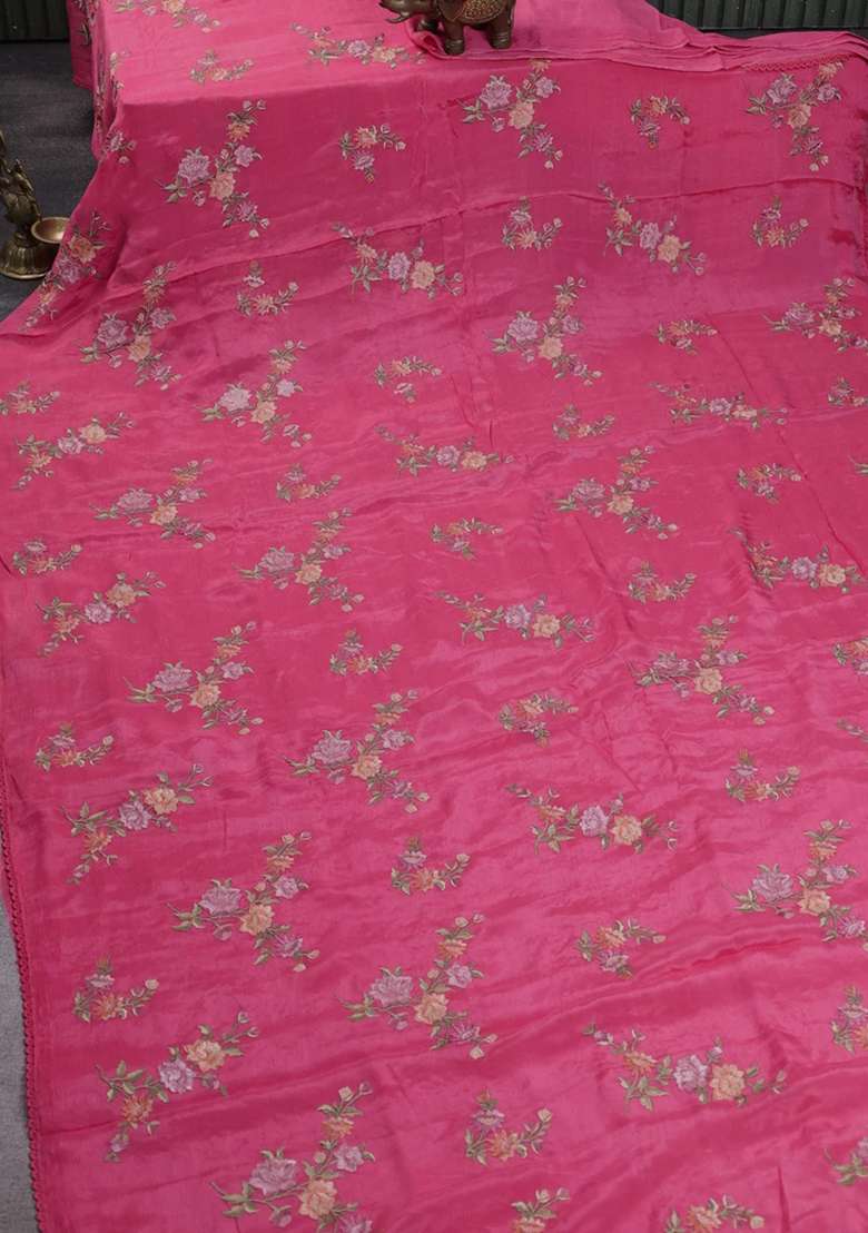 Chiffon Saree Pink With Allover Floral Embroidery Work And Zari Woven Border With Embroidered Design For Women - Indya