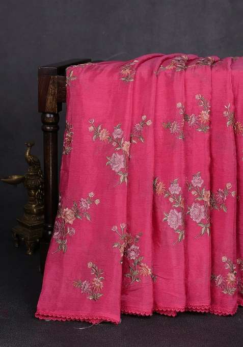 Chiffon Saree Pink With Allover Floral Embroidery Work And Zari Woven Border With Embroidered Design For Women