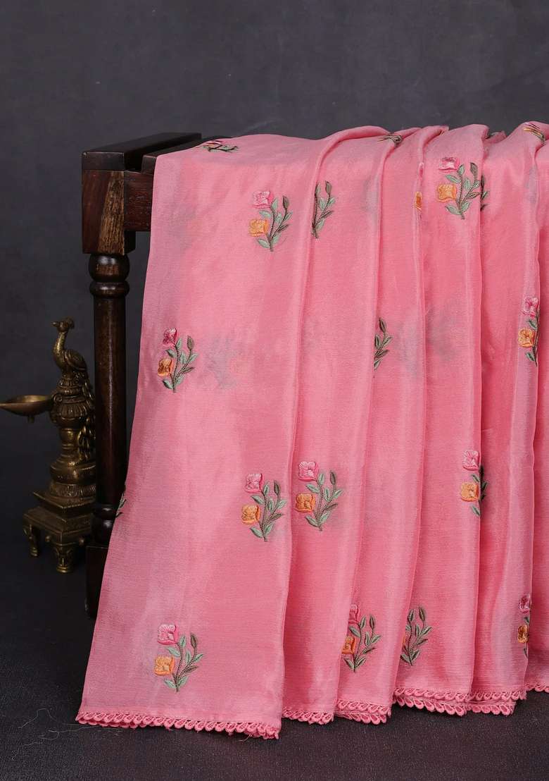 Chiffon Saree Peach Pink With Allover Floral Embroidery Work And Zari Woven Border With Embroidered Design For Women - Indya